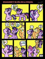 Size: 1510x1971 | Tagged: safe, artist:rammzblood, applejack, berry punch, berryshine, starlight glimmer, twilight sparkle, alicorn, earth pony, pony, unicorn, g4, alcohol, blushing, christmas, christmas tree, cider, comic, drunk, drunklight glimmer, hearth's warming eve, holiday, tree, twilight sparkle (alicorn)