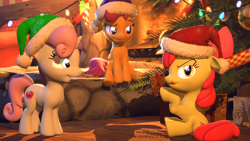 Size: 3840x2160 | Tagged: safe, artist:skylairo, apple bloom, scootaloo, sweetie belle, earth pony, pegasus, pony, unicorn, g4, 3d, christmas, christmas lights, christmas tree, cute, cutie mark crusaders, fireplace, glowing eyes, hat, high res, holiday, horn, light, present, santa hat, sofa bed, tree, wings