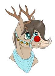 Size: 3109x4321 | Tagged: safe, artist:caff, oc, oc only, deer, horse, pony, reindeer, bells, bridle, bust, christmas, commission, female, head shot, heart eyes, holiday, mare, red nose, tack, wingding eyes
