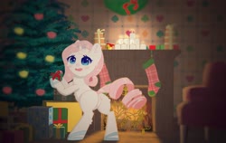 Size: 3018x1906 | Tagged: safe, artist:kijojora, oc, oc only, pony, unicorn, bipedal, blushing, butt, candle, christmas, christmas stocking, christmas tree, featureless crotch, female, fire, fireplace, holiday, jewelry, looking back, mare, merry christmas, plot, present, solo, tiara, tree, white pony