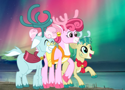 Size: 1480x1064 | Tagged: safe, artist:destinedcosmo, alice the reindeer, aurora the reindeer, bori the reindeer, deer, reindeer, g4, my little pony best gift ever, aurora borealis, eyes closed, female, irl, photo, pun, smiling, the gift givers, trio