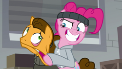 Size: 1920x1080 | Tagged: safe, screencap, cheese sandwich, pinkie pie, g4, the last laugh, stretching