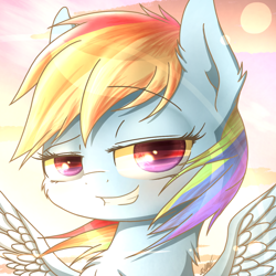Size: 1280x1280 | Tagged: safe, artist:phoenixrk49, rainbow dash, pegasus, pony, g4, beautiful, bedroom eyes, dreamworks face, ear fluff, female, grin, looking at you, smiling, solo, sunset, traditional art