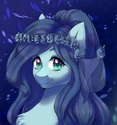Size: 1280x1367 | Tagged: safe, artist:tigra0118, oc, oc only, pony, abstract background, blue, bust, commission, female, floral head wreath, flower, looking at you, portrait, rose, smiling, solo