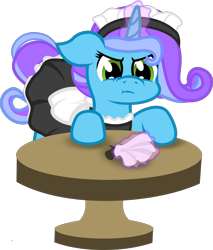 Size: 1657x1947 | Tagged: safe, artist:bryastar, oc, oc only, oc:untitled work, pony, cleaning, clothes, grumpy, maid, simple background, solo, table, transparent background