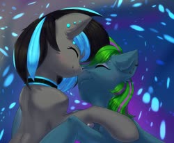 Size: 1280x1054 | Tagged: safe, artist:tigra0118, oc, oc only, pony, abstract background, artwork, commission, couple, ear piercing, earring, eyes closed, female, jewelry, lovely, piercing