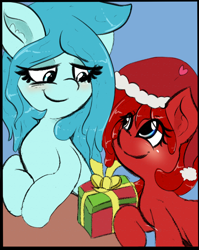 Size: 1114x1397 | Tagged: safe, artist:freefraq, oc, oc only, oc:cherry slime, oc:shiny slime, goo, goo pony, original species, christmas, cute, female, floating heart, hat, heart, heterochromia, holiday, mother and daughter, present, santa hat