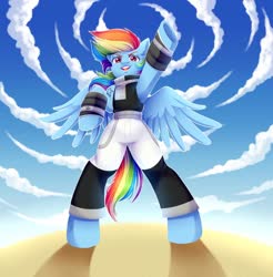 Size: 1280x1302 | Tagged: safe, artist:tigra0118, rainbow dash, pegasus, pony, g4, anime, armpits, bipedal, black star, cloud, collaboration, crossover, female, looking at someone, solo, soul eater