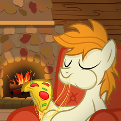 Size: 2500x2500 | Tagged: safe, artist:pizzamovies, oc, oc only, oc:pizzamovies, earth pony, pony, cheese, eating, eyes closed, fire, fireplace, food, high res, male, meat, pepper, pepperoni, pepperoni pizza, pizza, ponies eating meat, show accurate, sitting, stallion