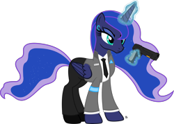 Size: 3096x2215 | Tagged: safe, artist:anime-equestria, princess luna, alicorn, gynoid, pony, robot, robot pony, g4, angry, armband, blue eyeshadow, clothes, crossover, cybernetic eyes, desert eagle, detroit: become human, dress shirt, eyeshadow, female, frown, gun, handgun, high res, horn, jacket, levitation, magic, makeup, mare, necktie, pants, parody, shirt, simple background, solo, sparkles, suit, telekinesis, transparent background, vector, weapon, wings