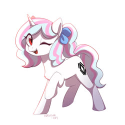Size: 1000x1000 | Tagged: safe, artist:devour, oc, oc only, oc:moontrace, pony, unicorn, bow, female, hair bow, looking at you, mare, one eye closed, open mouth, open smile, raised hoof, red eyes, simple background, smiling, smiling at you, solo, standing, white background, wink, winking at you