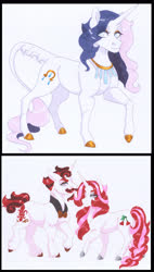 Size: 2493x4401 | Tagged: safe, artist:frozensoulpony, oc, oc:baton rouge, oc:fille cherise, oc:lavande, pony, unicorn, facial hair, female, male, mare, moustache, offspring, parent:fancypants, parent:fleur-de-lis, parents:fancyfleur, stallion, traditional art