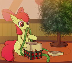 Size: 943x827 | Tagged: safe, artist:carbondrake, apple bloom, earth pony, pony, g4, box, christmas, christmas presents, christmas tree, female, filly, holiday, present, ribbon, solo, tree, unboxing