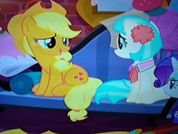 Size: 4160x3120 | Tagged: safe, screencap, applejack, coco pommel, rarity, g4, made in manehattan, couch, discovery family logo, frown, looking at each other, open mouth, picture of a screen, sitting, smiling