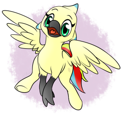 Size: 1184x1129 | Tagged: safe, artist:ethaes, oc, oc only, oc:sulphur nimbus, classical hippogriff, hippogriff, abstract background, community related, looking at you, rainbow tail, simple background, smiling, spread wings, sulphur nimbus, underhoof, wings