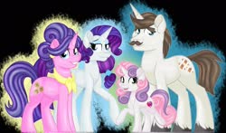 Size: 1920x1127 | Tagged: safe, artist:missbramblemele, cookie crumbles, hondo flanks, rarity, sweetie belle, pony, unicorn, g4, family, female, filly, male, mare, rarity's parents, ship:cookieflanks, shipping, stallion, straight