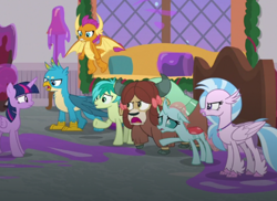 Size: 496x362 | Tagged: safe, screencap, gallus, ocellus, sandbar, silverstream, smolder, twilight sparkle, yona, alicorn, changedling, changeling, classical hippogriff, dragon, earth pony, griffon, hippogriff, pony, yak, g4, the hearth's warming club, angry, argument, bow, claws, clenched fist, cloven hooves, complaining, couch, cropped, curved horn, cute when angry, dragoness, female, fist, flying, folded wings, gallus is not amused, hair bow, headmare twilight, horn, horns, looking at each other, male, mare, monkey swings, necklace, ocellus is not amused, pearl necklace, pointing, punishment, regret, sandbar is not amused, silverstream is not amused, slime, smolder is not amused, spread wings, student six, talons, teenaged dragon, teenager, twilight sparkle (alicorn), unamused, wall of tags, window, wings, yona is not amused