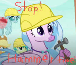 Size: 496x426 | Tagged: safe, applejack, ocellus, sandbar, silverstream, changeling, earth pony, hippogriff, pony, g4, non-compete clause, 1000 hours in ms paint, hammer, hard hat, mc hammer, smiling, song reference, u can't touch this
