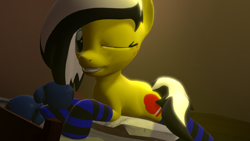 Size: 1920x1080 | Tagged: safe, artist:marianokun, oc, oc only, oc:uppercute, earth pony, pony, 3d, bed, bedroom, bedroom eyes, blue, boxing gloves, clothes, cute, pillow, socks, solo, source filmmaker, striped socks