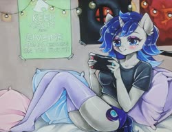 Size: 2789x2146 | Tagged: safe, artist:manekoart, oc, oc only, oc:moonlit silver, unicorn, anthro, anthro oc, bed, blushing, clothes, female, high res, nintendo switch, pillow, shirt, socks, solo, stockings, string lights, thigh highs