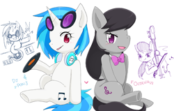 Size: 750x477 | Tagged: safe, artist:135sky, dj pon-3, octavia melody, vinyl scratch, earth pony, pony, unicorn, g4, bow (instrument), cello, colored pupils, cute, disc, duo, female, heart, mare, music notes, musical instrument, open mouth, pixiv, simple background, sitting, tavibetes, tongue out, turntable, vinylbetes, white background