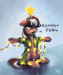 Size: 949x1122 | Tagged: safe, artist:nemo2d, oc, oc only, oc:roulette, earth pony, pony, fallout equestria, fallout equestria: red 36, christmas, christmas lights, christmas tree, clothes, fanfic art, female, hearth's warming eve, holiday, jacket, mare, sigh, simple background, tree, unamused