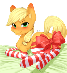 Size: 2250x2447 | Tagged: safe, artist:shadikbitardik, applejack, earth pony, pony, g4, blushing, butt, christmas, clothes, cute, female, high res, holiday, looking at you, mare, plot, present, ribbon, socks, solo, stockings, striped socks, thigh highs