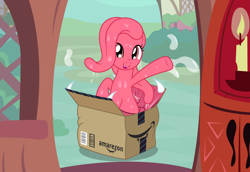 Size: 3300x2272 | Tagged: safe, artist:badumsquish, derpibooru exclusive, oc, oc only, oc:amy zon, mimic, mimic pony, monster pony, original species, amazon.com, ambush, box, cave, dark, delivery, doorway, drool, fangs, female, golden oaks library, grin, high res, implied twilight sparkle, open mouth, seems legit, smiling, solo, tongue pony