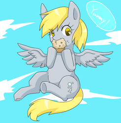 Size: 796x810 | Tagged: safe, artist:135sky, derpy hooves, pegasus, pony, g4, blushing, cloud, cute, derpabetes, dialogue, eating, female, flying, food, mare, muffin, pixiv, sky, solo, speech bubble, spread wings, that pony sure does love muffins, wings