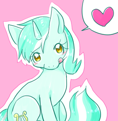 Size: 650x669 | Tagged: safe, artist:135sky, lyra heartstrings, pony, unicorn, g4, blushing, cute, female, heart, looking at you, lyrabetes, mare, pictogram, pink background, pixiv, simple background, sitting, solo, speech bubble, tongue out