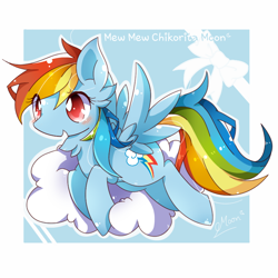 Size: 800x800 | Tagged: safe, artist:chikoritamoon, rainbow dash, pegasus, pony, g4, abstract background, backwards cutie mark, blushing, bow, cloud, colored pupils, cute, dashabetes, ear fluff, female, mare, neck fluff, on a cloud, open mouth, pixiv, solo