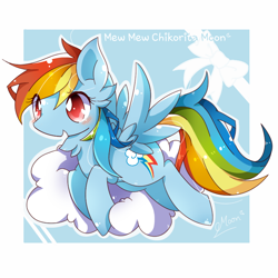 Size: 800x800 | Tagged: safe, artist:chikoritamoon, rainbow dash, pegasus, pony, g4, abstract background, backwards cutie mark, blushing, bow, cloud, colored pupils, cute, dashabetes, ear fluff, female, mare, neck fluff, on a cloud, open mouth, solo