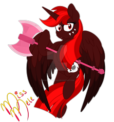 Size: 1600x1707 | Tagged: safe, artist:missbramblemele, oc, oc only, alicorn, pony, axe, deviantart watermark, female, mare, obtrusive watermark, simple background, solo, transparent background, watermark, weapon