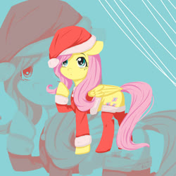 Size: 2000x2000 | Tagged: safe, artist:kill5555, fluttershy, pegasus, pony, g4, christmas, clothes, costume, cute, female, folded wings, high res, holiday, looking up, mare, pixiv, raised hoof, santa costume, shyabetes, socks, solo, standing, wings, zoom layer