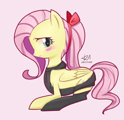 Size: 1500x1459 | Tagged: safe, artist:kill5555, fluttershy, pegasus, pony, g4, alternate hairstyle, backless, blushing, bow, clothes, cute, female, hair bow, mare, open-back sweater, pink background, pixiv, ponytail, profile, prone, shyabetes, simple background, sleeveless sweater, socks, solo, sweater, virgin killer sweater