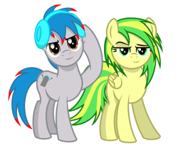 Size: 3000x2500 | Tagged: safe, artist:pizzamovies, oc, oc only, oc:the living tombstone, oc:wooden toaster, earth pony, pegasus, pony, 2020 community collab, derpibooru community collaboration, dreamworks face, duo, female, headphones, high res, lidded eyes, male, mare, musician, show accurate, simple background, stallion, transparent background