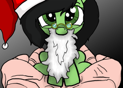 Size: 2100x1500 | Tagged: safe, artist:anon3mous1, oc, oc:filly anon, earth pony, human, pony, christmas, clothes, costume, cute, fake beard, female, filly, holding a pony, holiday, santa beard, santa costume, sitting