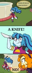 Size: 609x1355 | Tagged: safe, artist:queentigrel, adagio dazzle, sonata dusk, equestria girls, g4, :3, blushing, comic, converse, cute, evil smile, grin, knife, meme, ponified meme, poolside, psycho, psychonata dusk, psychotic, running, shoes, smiling, sonatabetes, speech bubble, this will not end well, vine video, weapon