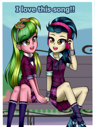 Size: 976x1300 | Tagged: safe, artist:nekojackun, indigo zap, lemon zest, equestria girls, g4, my little pony equestria girls: friendship games, ass, bench, butt, clothes, colored pupils, crystal prep academy uniform, cute, duo, duo female, female, goggles, headphones, holding hands, indiglute zap, legs, open mouth, school uniform, schrödinger's pantsu, sitting, socks, thighs, zapabetes, zestabetes, zestybutt