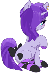 Size: 940x1356 | Tagged: safe, artist:t72b, derpibooru exclusive, oc, oc only, oc:bottom out, pony, unicorn, 2020 community collab, derpibooru community collaboration, blushing, bow, clothes, ear piercing, earring, eyeshadow, hair over one eye, heart, jewelry, looking away, makeup, male, piercing, raised hoof, simple background, sitting, smiling, socks, solo, stallion, striped socks, tail bow, tail wrap, transparent background, trap, unshorn fetlocks