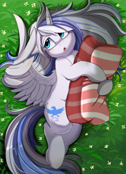 Size: 2550x3509 | Tagged: safe, artist:pridark, oc, oc only, oc:ori, alicorn, pony, alicorn oc, commission, cutie mark, grass field, high res, horn, hug, open mouth, outdoors, pillow, pillow hug, solo