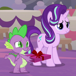 Size: 1080x1080 | Tagged: safe, screencap, spike, starlight glimmer, dragon, pony, unicorn, g4, the last problem, cropped, duo, female, male, mare, present, winged spike, wings