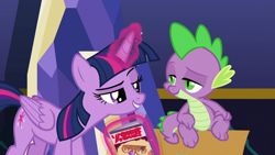Size: 1920x1080 | Tagged: safe, screencap, spike, twilight sparkle, alicorn, dragon, pony, g4, the last problem, comic book, female, lidded eyes, looking at each other, magic, magic aura, male, mare, twilight sparkle (alicorn), winged spike, wings