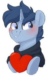 Size: 1561x2414 | Tagged: safe, artist:pucksterv, oc, oc only, oc:tesseract, pony, unicorn, blushing, clothes, heart, hoodie, male, simple background, solo, stallion, transparent background