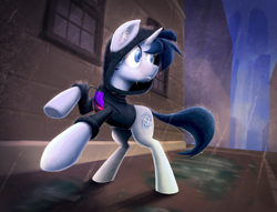Size: 2320x1768 | Tagged: safe, artist:ikarooz, oc, oc only, oc:tesseract, pony, city, clothes, commission, hoodie, rain, running, solo