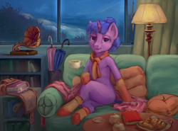 Size: 5149x3802 | Tagged: dead source, safe, artist:stratodraw, twilight sparkle, semi-anthro, g4, arm hooves, blanket, book, bookshelf, chocolate, clothes, cottagecore, couch, female, food, gramophone, hot chocolate, pillow, saddle bag, scarf, socks, solo, window