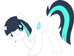 Size: 1273x962 | Tagged: safe, oc, oc only, oc:dragonfire, pony, unicorn, fallout equestria, fallout equestria: child of the stars, butt, dock, fallout, fanfic art, female, looking at you, looking back, plot, present, presenting, rear view, silly, simple background, solo, tail, tongue out, transparent background