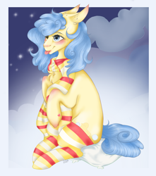 Size: 2647x2999 | Tagged: safe, artist:themstap, oc, oc only, oc:duckie, earth pony, pony, :p, blushing, clothes, high res, mlem, scarf, silly, simple background, socks, solo, stockings, thigh highs, tongue out