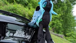 Size: 3840x2160 | Tagged: safe, artist:lioncubcreations, queen chrysalis, changeling, g4, car, etching, high res, irl, miata, outdoors, photo, plushie