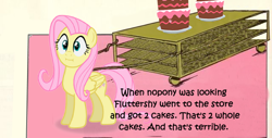 Size: 640x326 | Tagged: safe, edit, fluttershy, pony, g4, make new friends but keep discord, :i, and that's terrible, cake, female, food, meme, solo, we bought two cakes